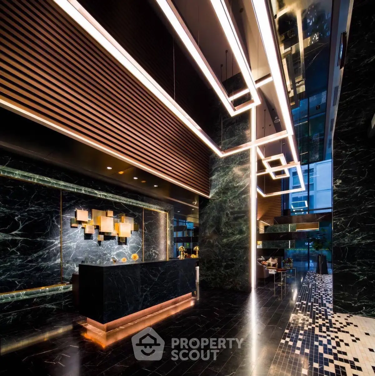 Luxurious modern lobby with sleek marble and ambient lighting