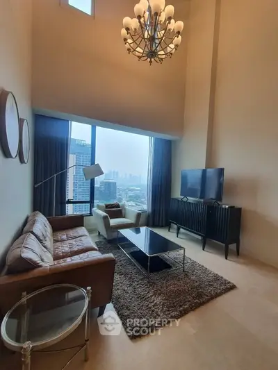Luxurious high-ceiling living room with stunning city view and elegant chandelier.