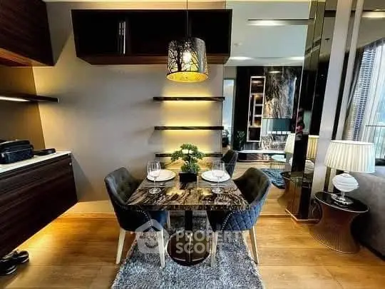 Elegant dining area with modern decor and ambient lighting