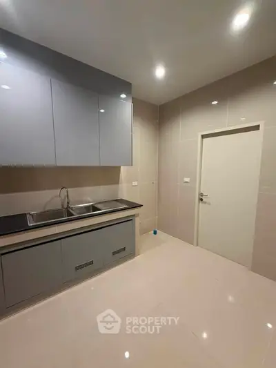Modern kitchen with sleek cabinetry and dual sink in a minimalist design.