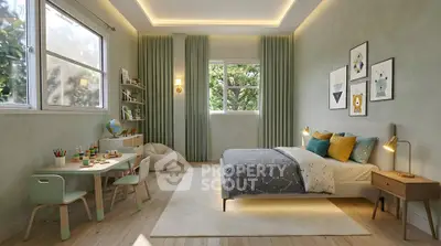 Charming children's bedroom with modern decor and ample natural light.