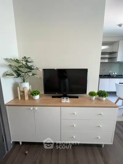 Modern living room with sleek TV stand and stylish decor in a contemporary apartment.