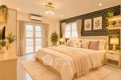 Luxurious bedroom with modern decor, cozy lighting, and stylish black accent wall, perfect for relaxation.