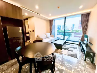 Modern living room with city view, sleek furniture, and marble flooring in a high-rise apartment.