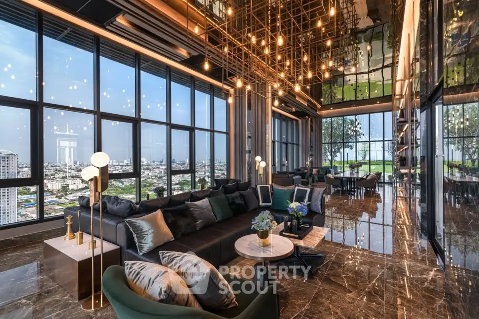 Luxurious high-rise living room with panoramic city views and elegant decor.