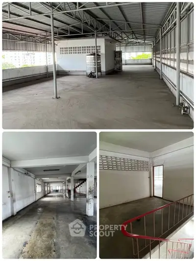 Spacious industrial warehouse with open layout and ample natural light, ideal for storage or manufacturing.