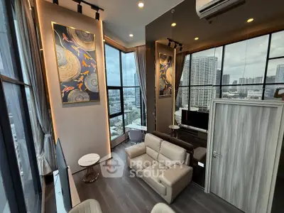 Luxurious high-rise living room with panoramic city views and modern decor