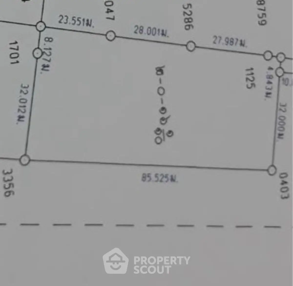 Detailed real estate plot map with precise measurements and coordinates.