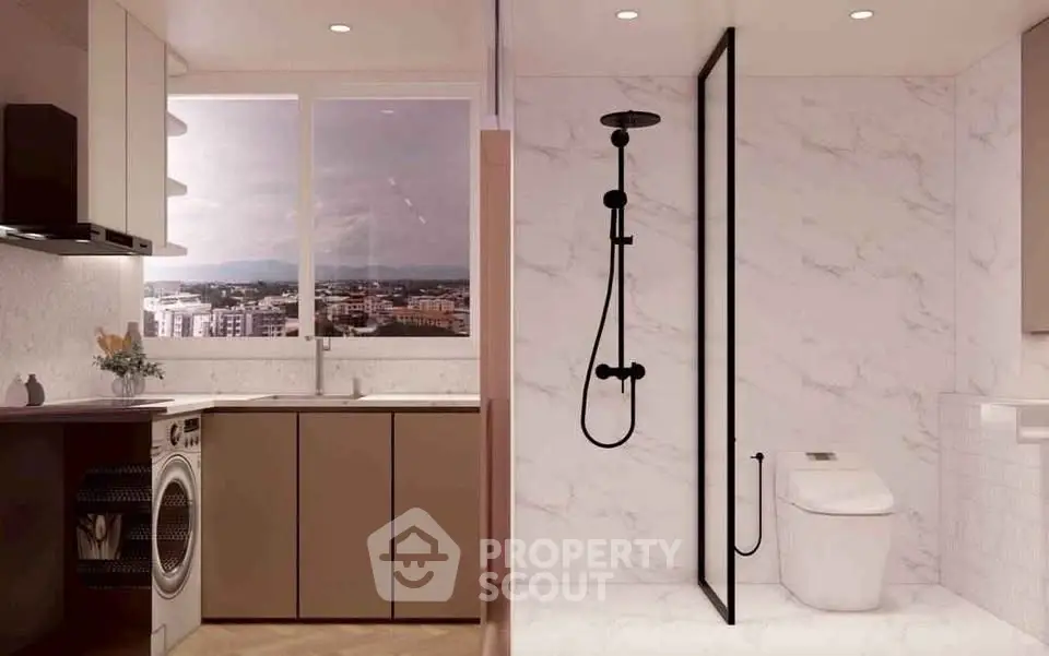 Modern apartment with sleek kitchen and stylish bathroom featuring city view.
