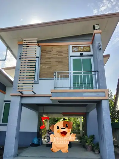 Modern two-story house with unique architectural design and spacious carport.