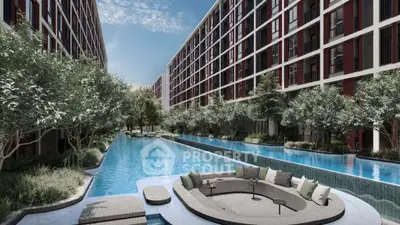 Luxurious apartment complex with stunning pool and modern architecture