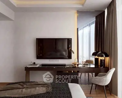 Modern bedroom with sleek decor and large window view