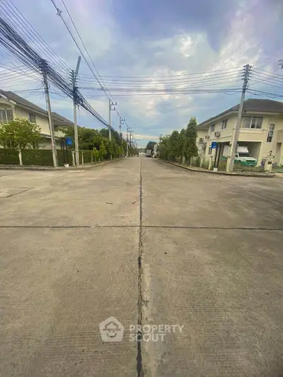 Spacious suburban street flanked by elegant homes, offering a serene neighborhood vibe with lush greenery and clear skies.
