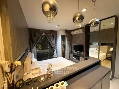 Luxurious modern bedroom with city view, elegant lighting, and stylish decor in a high-rise apartment.