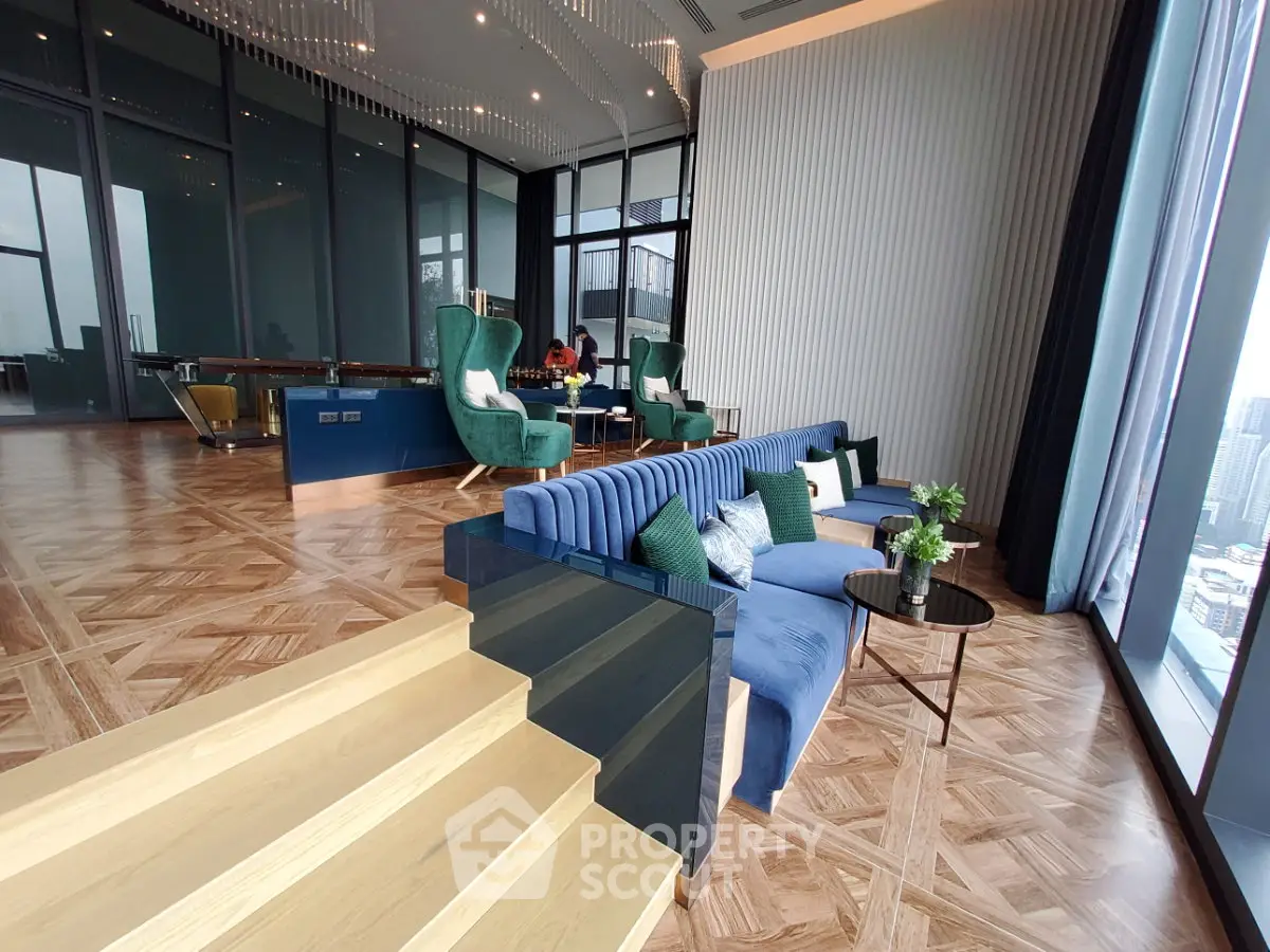 Luxurious modern living room with stunning city view and elegant decor