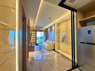 Luxurious modern living room with stunning city view and elegant decor