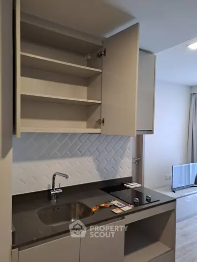 Modern kitchen with open cabinets and sleek countertop in a stylish apartment.