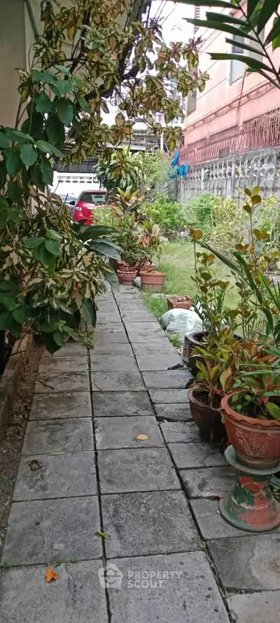 Charming garden pathway with lush greenery and potted plants leading to a cozy outdoor space.