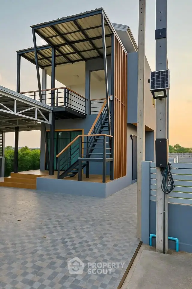 Modern architectural home exterior with sleek design and spacious driveway