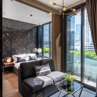 Luxurious modern bedroom with floor-to-ceiling windows and city view