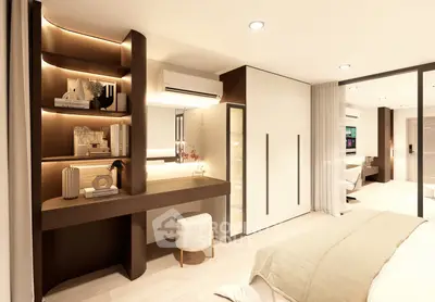 Luxurious modern bedroom with built-in shelves and elegant lighting