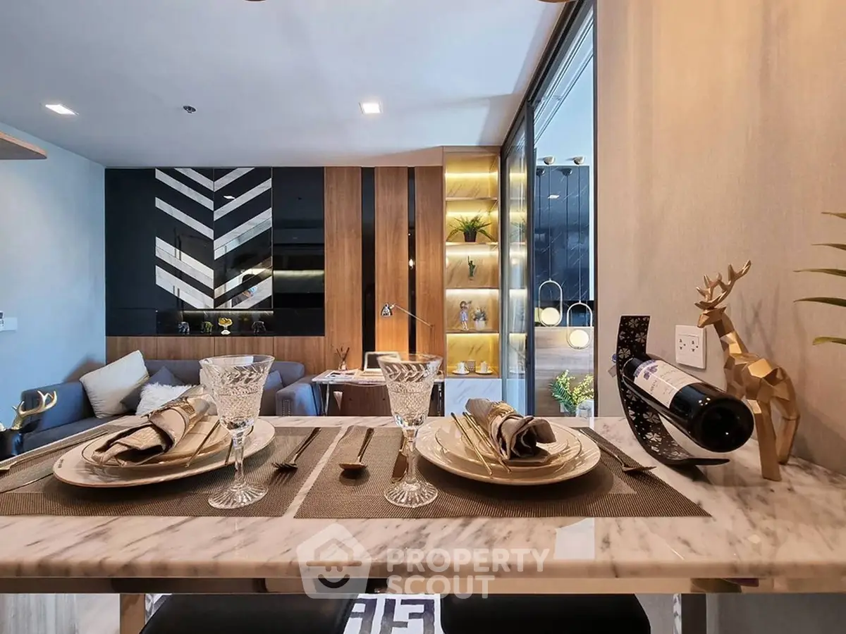 Luxurious modern living room with elegant dining setup and stylish decor