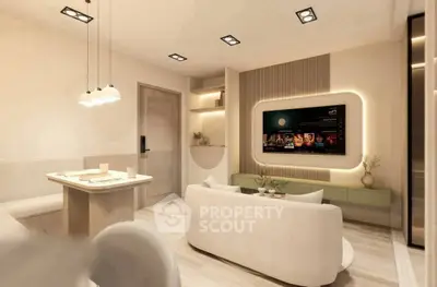 Modern living room with sleek design, featuring a cozy sofa, wall-mounted TV, and elegant lighting.
