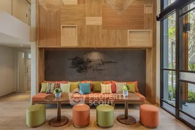 Stylish modern living room with colorful cushions and wooden accents
