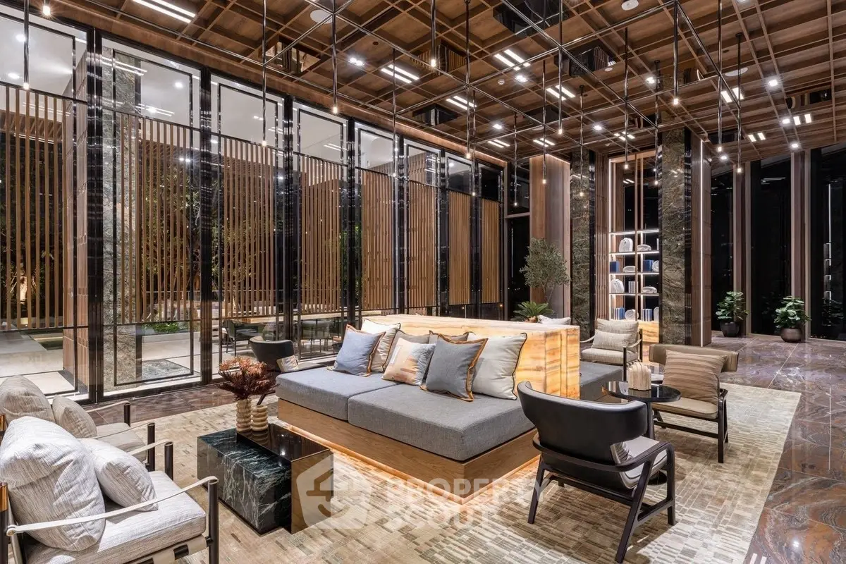 Luxurious modern living room with elegant decor and floor-to-ceiling windows