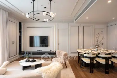 Luxurious modern living room with elegant dining area, stylish lighting, and contemporary decor.