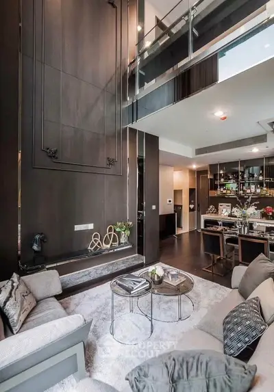 Luxurious modern living room with high ceilings and elegant decor