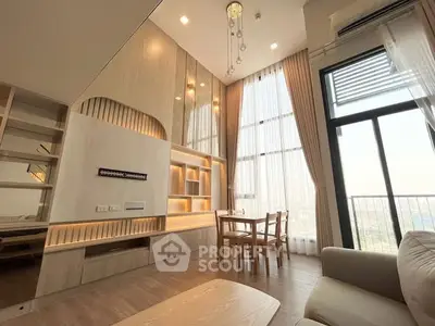 Spacious modern living room with high ceilings and large windows offering stunning city views.
