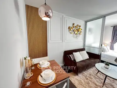 Modern living room with stylish decor and cozy seating area