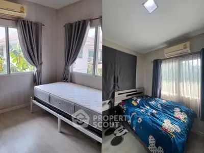 Cozy bedroom with natural light, modern decor, and comfortable bedding in a stylish home.