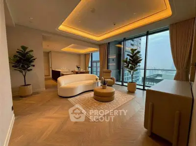 Luxurious modern living room with elegant lighting and city view