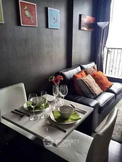 Chic modern living room with cozy dining area and stylish decor
