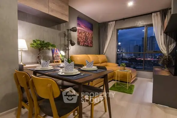 Stylish modern living room with city view, cozy seating, and elegant dining area.