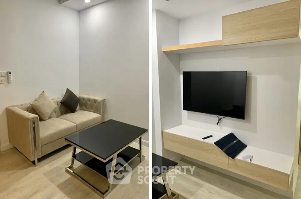 Modern living room with sleek TV setup and cozy sofa, perfect for relaxation.