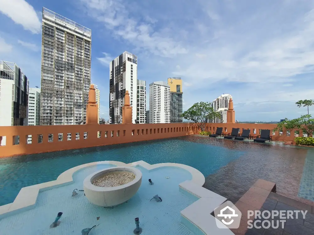 Luxurious rooftop pool with stunning city skyline views in modern urban setting.