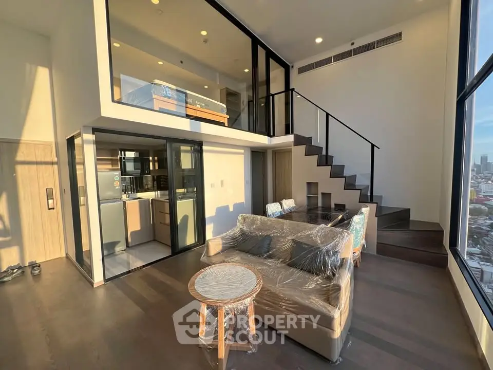 Luxurious duplex living room with modern design and stunning city view