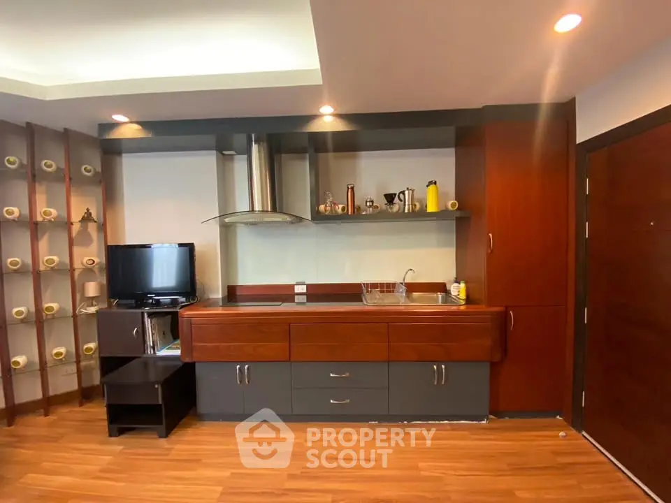 Modern kitchen with sleek cabinetry and integrated TV in stylish apartment