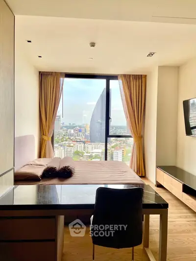 Modern bedroom with stunning city view and elegant furnishings