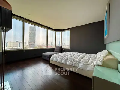 Luxurious bedroom with panoramic city views and modern decor