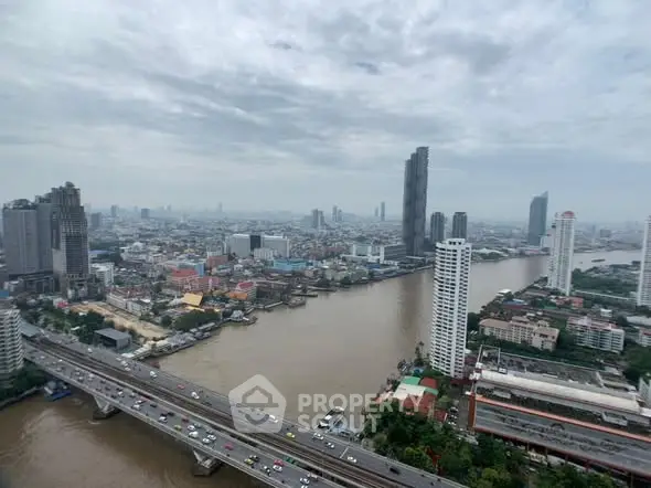 Stunning cityscape view with river and skyscrapers, ideal for urban living enthusiasts.