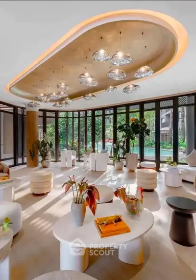 Luxurious modern living room with elegant lighting and garden view, perfect for relaxation and entertaining.