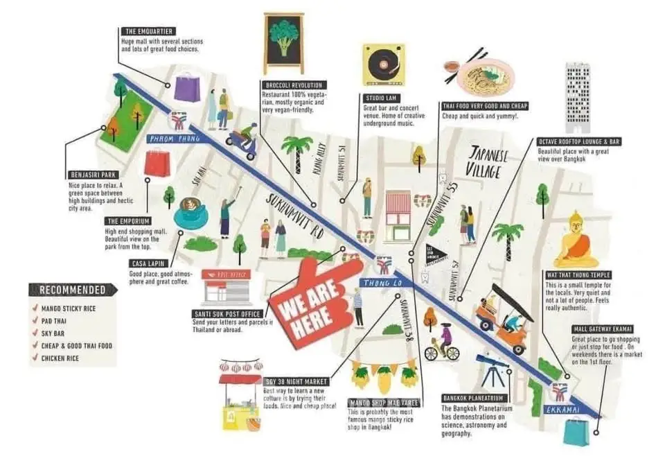 Colorful map illustration of Sukhumvit Road with landmarks and attractions.