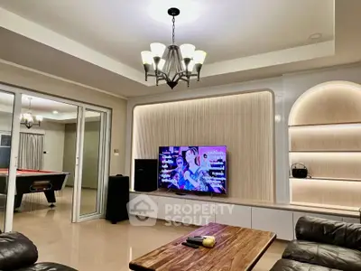 Stylish living room with modern decor and entertainment setup
