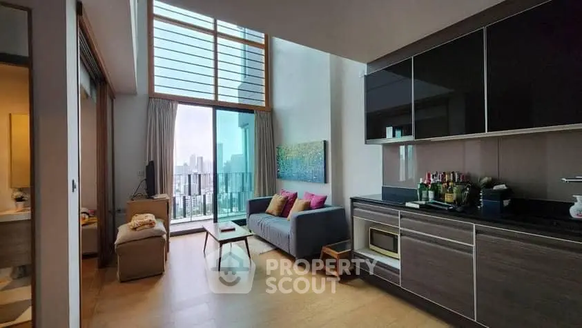Modern living room with high ceiling and city view balcony in luxury apartment