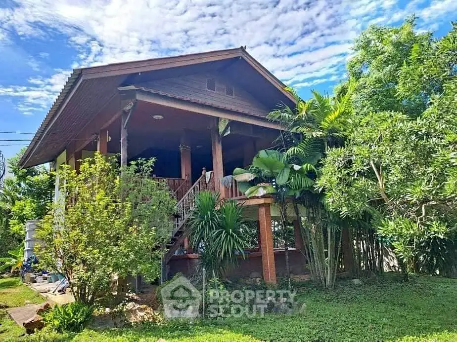 Charming elevated wooden house with lush garden and tropical greenery