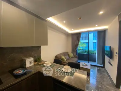Modern living room with open kitchen and balcony view in stylish apartment
